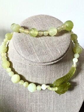 Light Green Carved Jade Bead Necklace with Dragon Hook